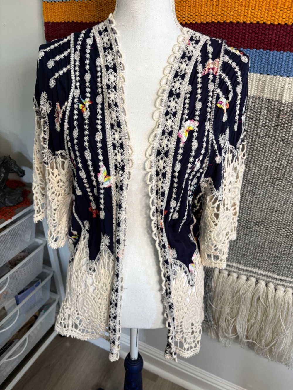 Navy Embroidered Open Crochet-Trim Kimono